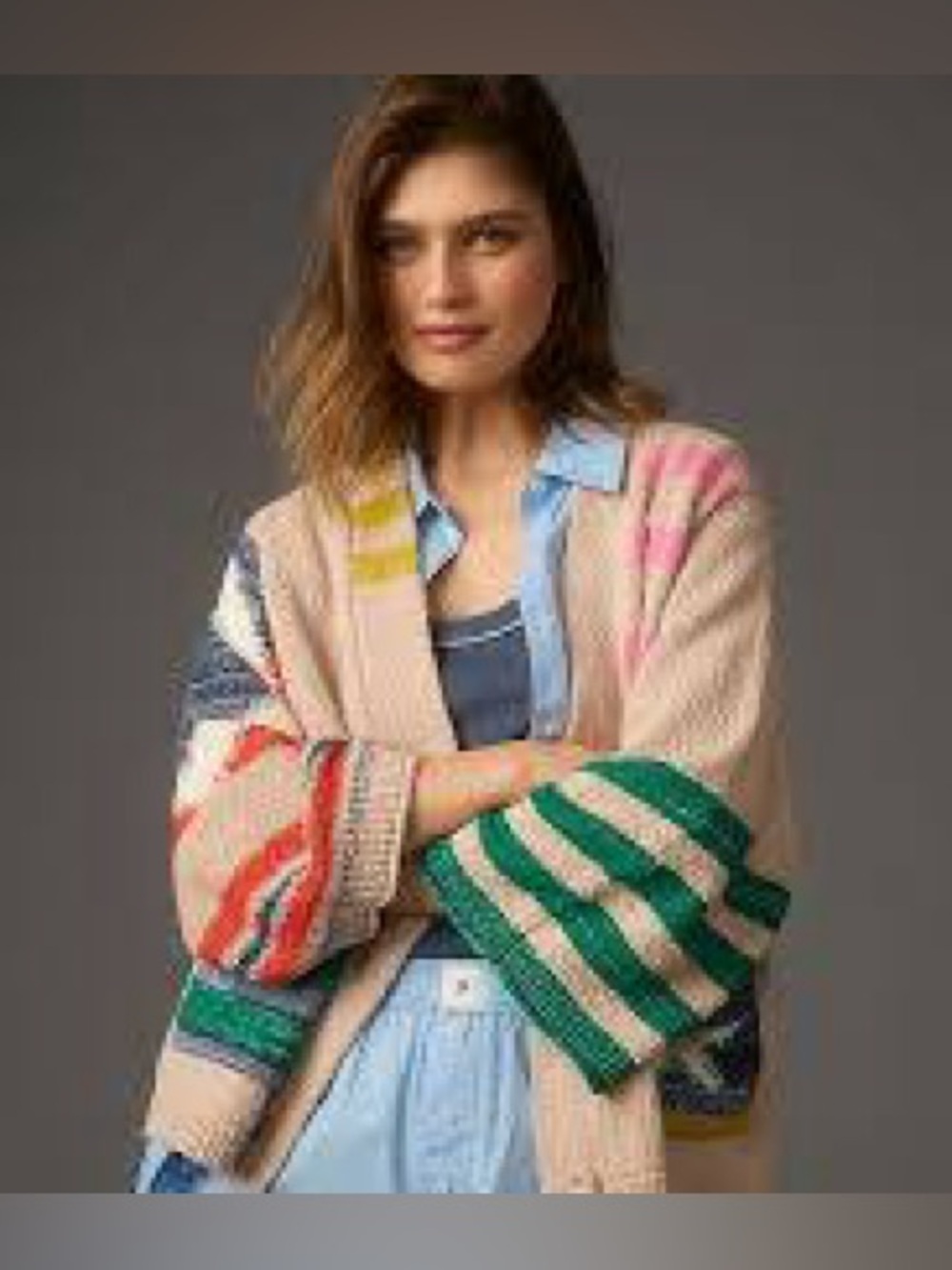 Anthropologie Daily Ritual Racing Flags Beige Open-Front Cardigan M/L